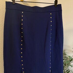 Navy Blue Studded Faux Leather Panel Pencil Skirt by Michael Kors – Size L